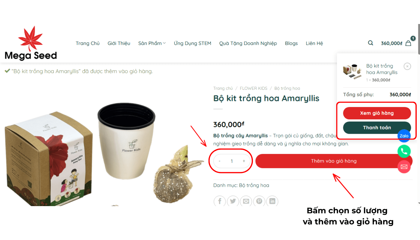 Chọn số lượng và bấm thêm vào giỏ hàng