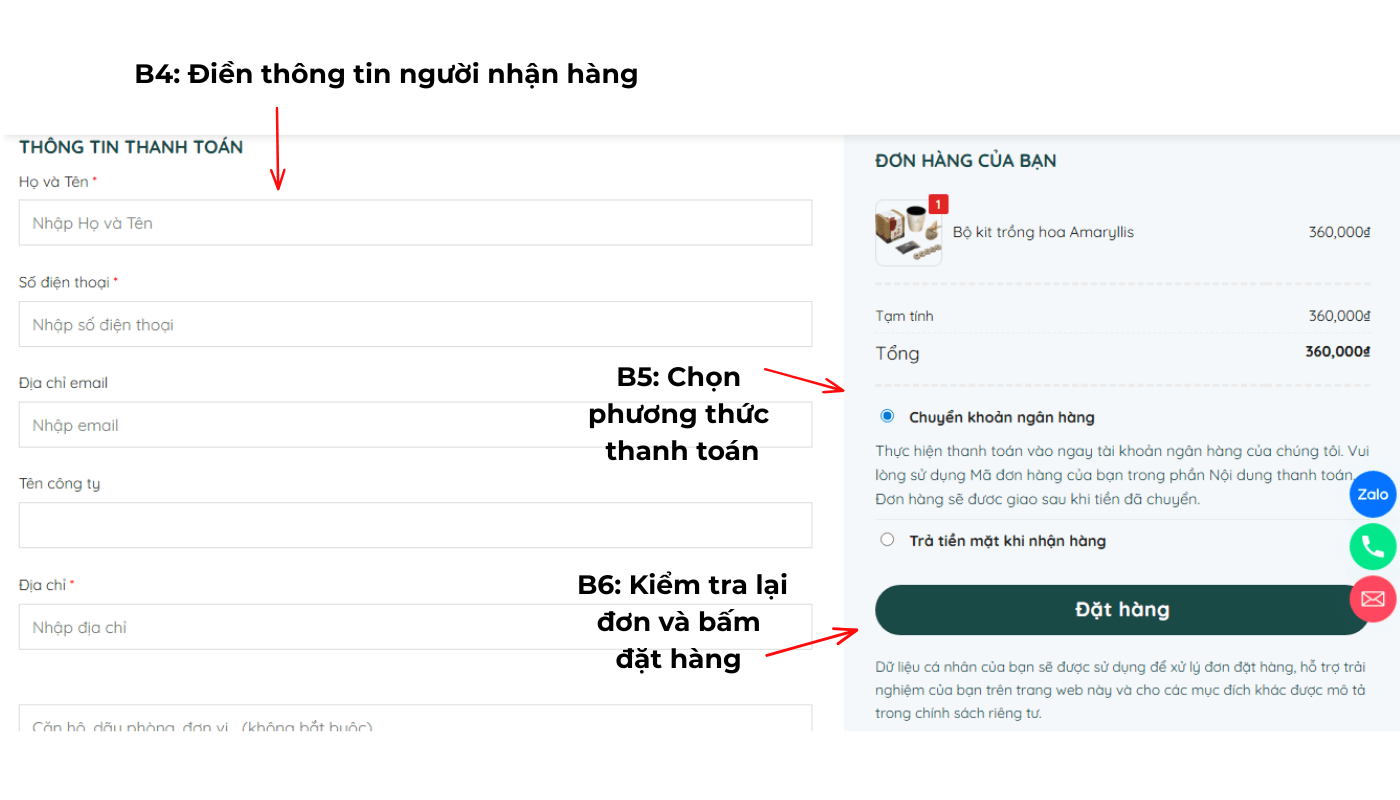 Quý khách điền thông tin người nhận hàng và thanh toán.
