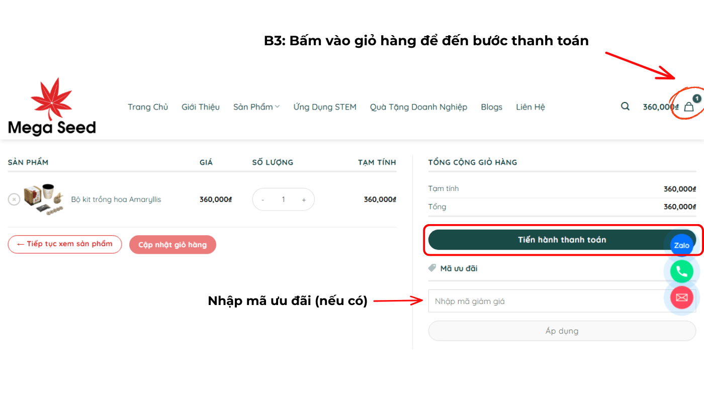 Bước 3: Quý khách kiểm tra giỏ hàng và nhập mã ưu đãi nếu có